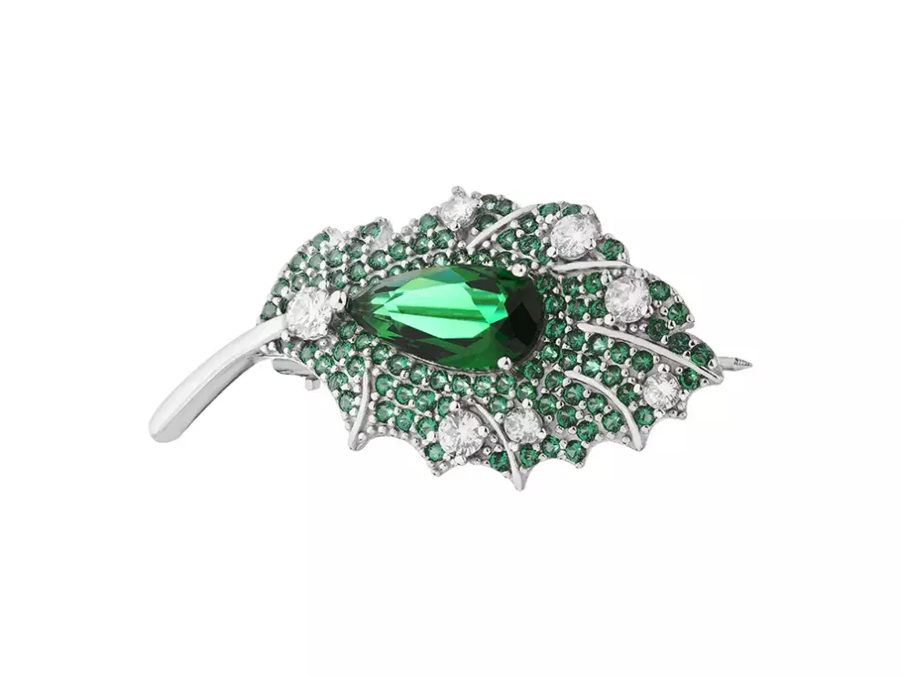  Stříbrná brož se zirkony - list