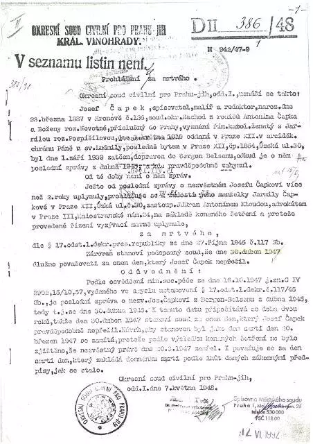 Josef Čapek – prohlášení za mrtvého