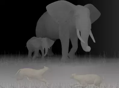 Slonice se slůnětem a dvě pumy nebo šelmy