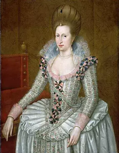 Ukázka barokní módy na róbě královny Anny Dánské (Anne of Denmark, 1574–1619)