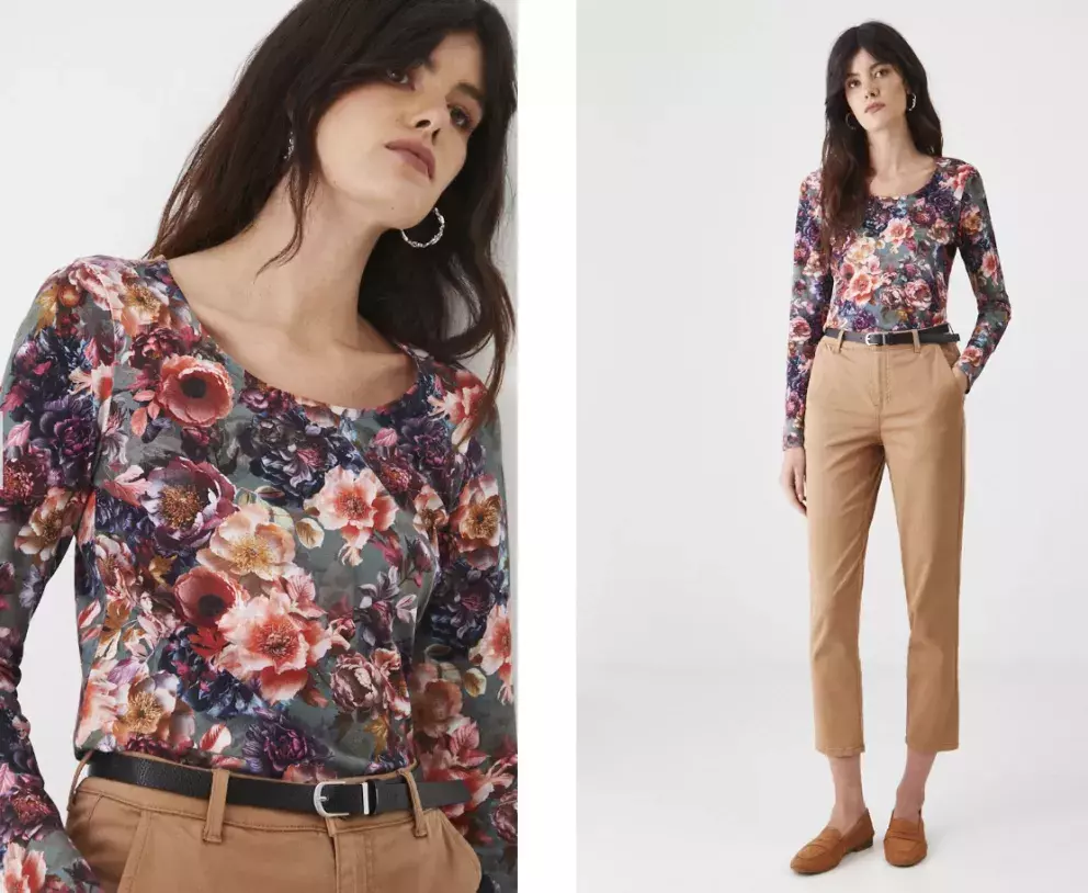 Bavlněné tričko s dlouhým rukávem s příměsí elastanu, s květinovým vzorem zelená barva, Medicine, 629 Kč