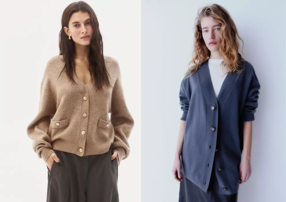 Žebrovaný propínací svetr, H&M, 599 Kč, kašmírový propínací svetr, H&M, 3 799 Kč