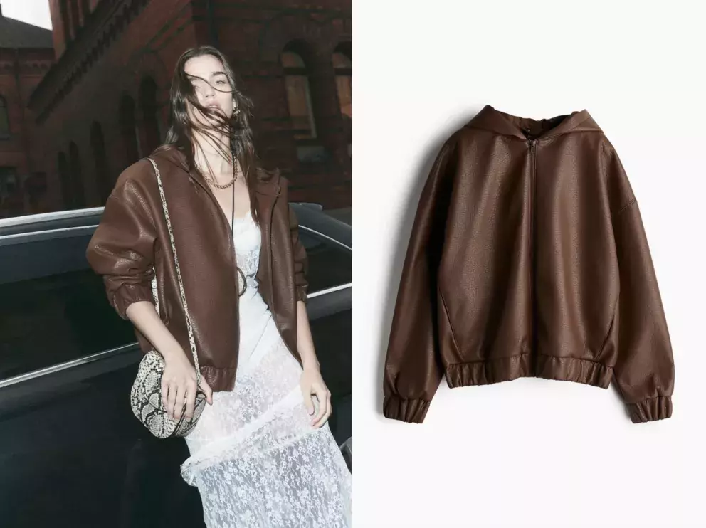 Bunda s kapucí, tmavě hnědá, kožený look, H&M, 1 199 Kč