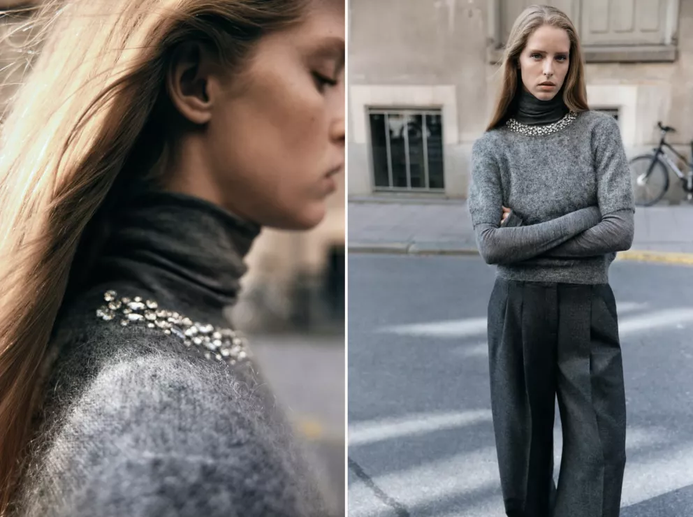 Top z mohérové příze zdobený štrasovými kamínky, H&M, 1 699 Kč