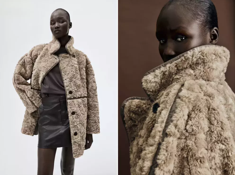 Huňatý kabát, béžová a černá, H&M, 1 459 Kč