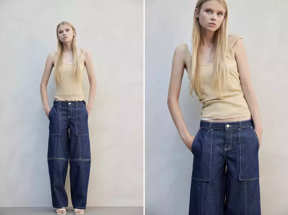 Baggy Low Cargo Jeans, s velkými kapsami, modrá a černá, H&M, 839 Kč