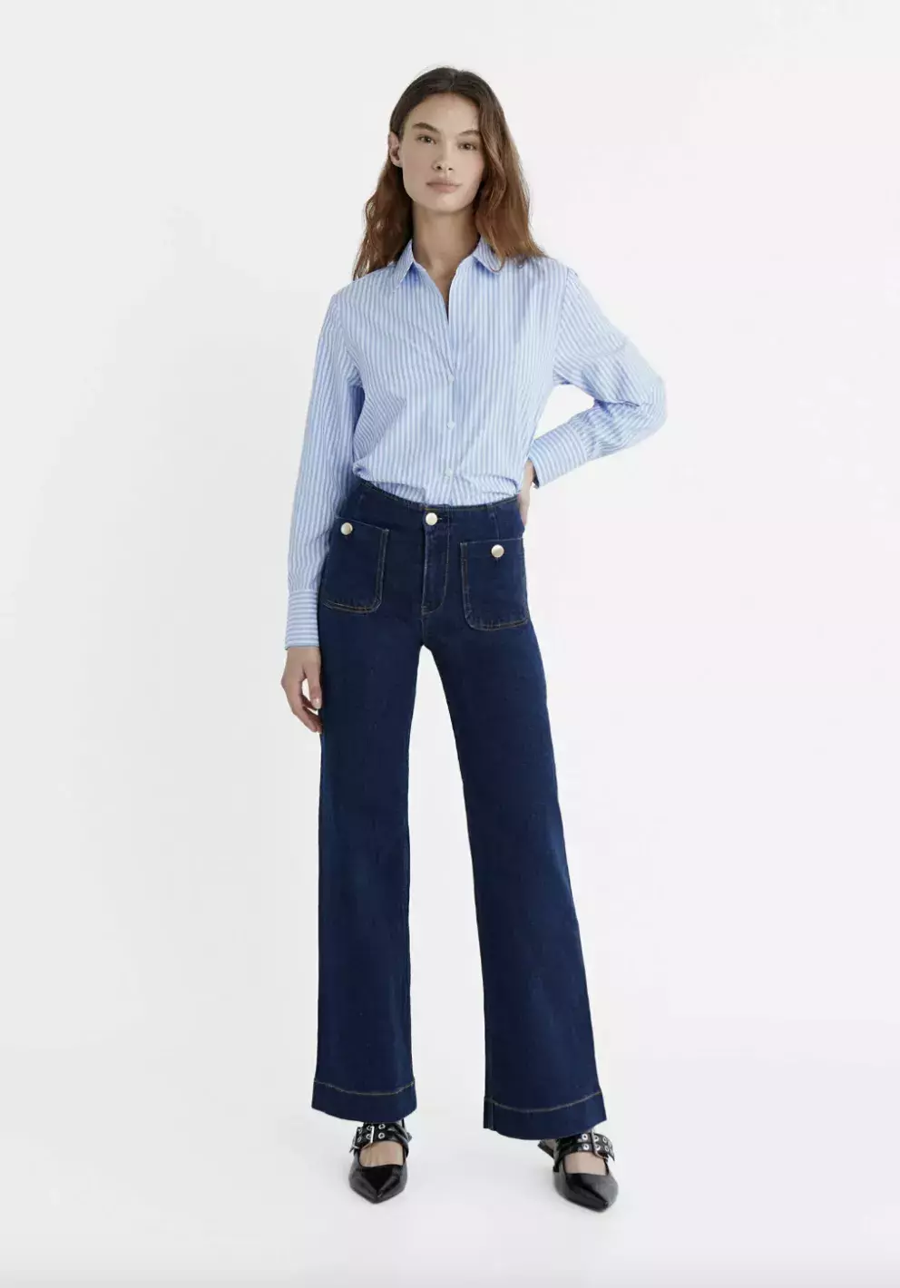 Stradivarius, MINIMALIST WITH POCKETS, Široké džíny, tmavě modré, Zalando, 849 Kč