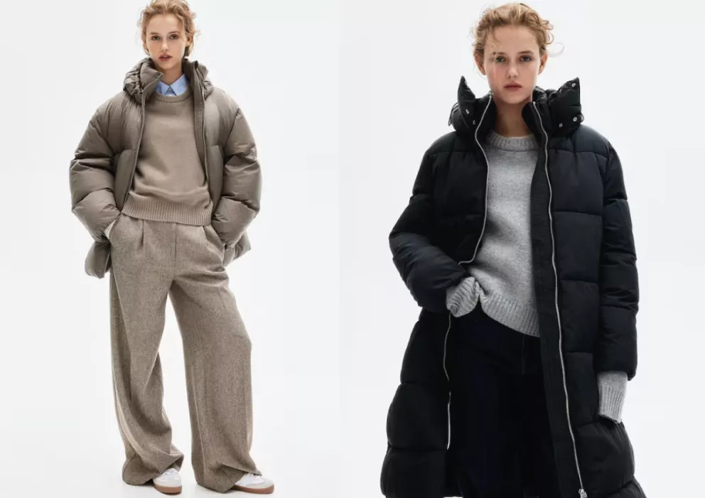 Oversized péřová bunda, H&M,  3 799 Kč, vodoodpudivý vatovaný kabát, H&M, 1 699 Kč