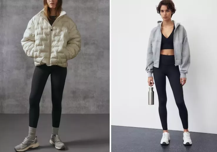 Vodoodpudivá vatovaná bunda z ThermoMove™, H&M, 1 599 Kč, sportovní legíny z materiálu SoftMove™, H&M, 719 Kč