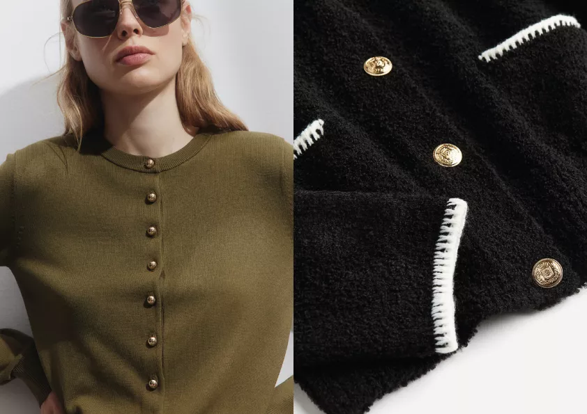 Pletený propínací svetr, H&M, 479 Kč, propínací svetr ze strukturovaného úpletu, H&M, 479 Kč