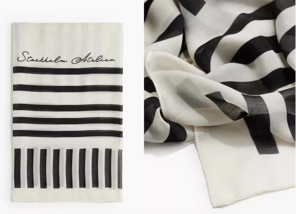 Rozměrný šátek s potiskem, světle béžová/černý proužek, H&M, 429 Kč 