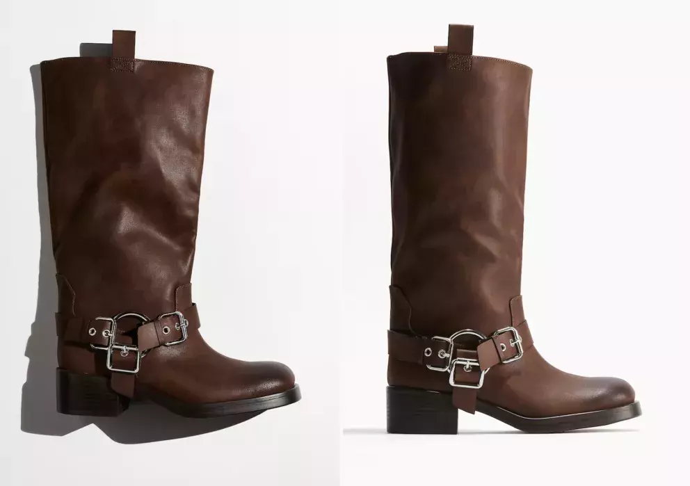 Motorkářské kozačky ke kolenům, tmavě hnědá a černá, 1 899 Kč