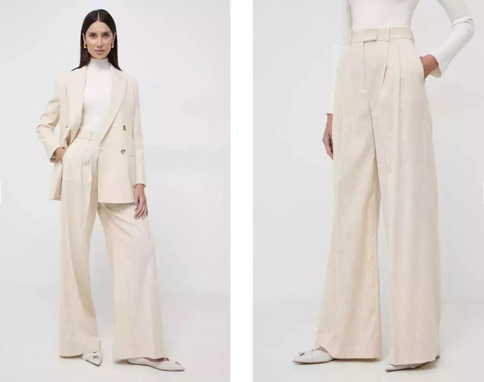 Kalhoty BOSS dámské, béžová barva, jednoduché, high waist, béžová, Answear, 3199 Kč