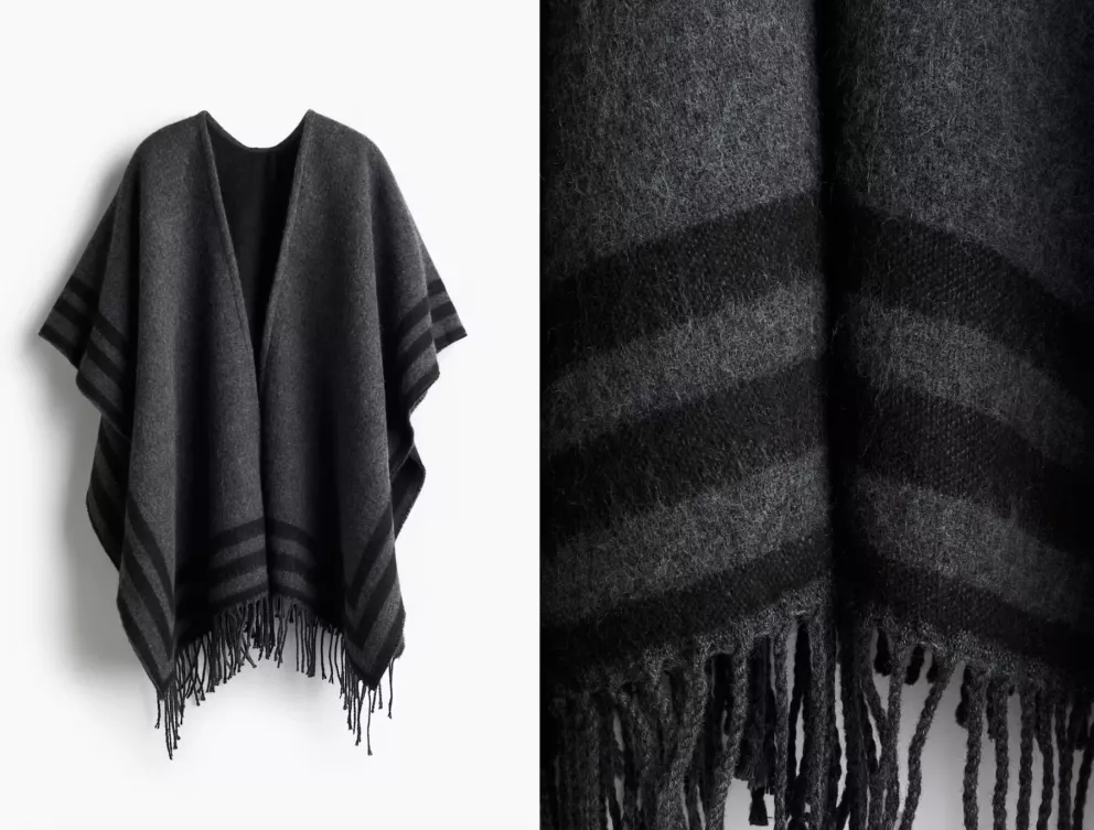 pončo lemované třásněmi, tmavě šedý melír, proužky, H&M, 719 Kč