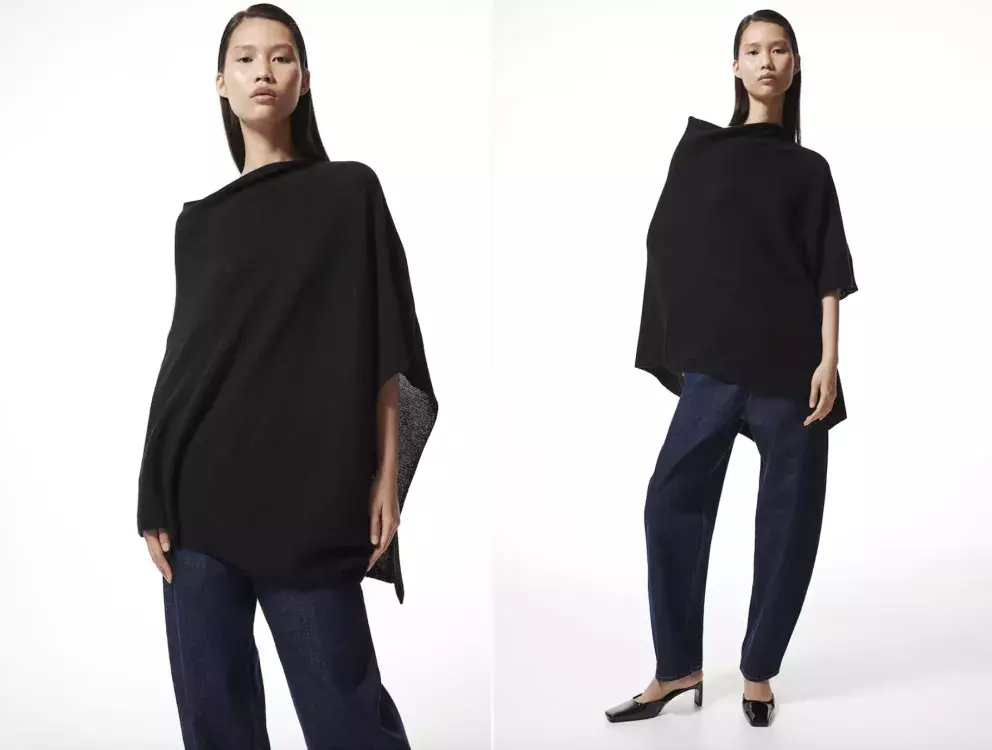 Jemně pletené pončo z kašmírové směsi, v černé i bílé, H&M, 1 459 Kč