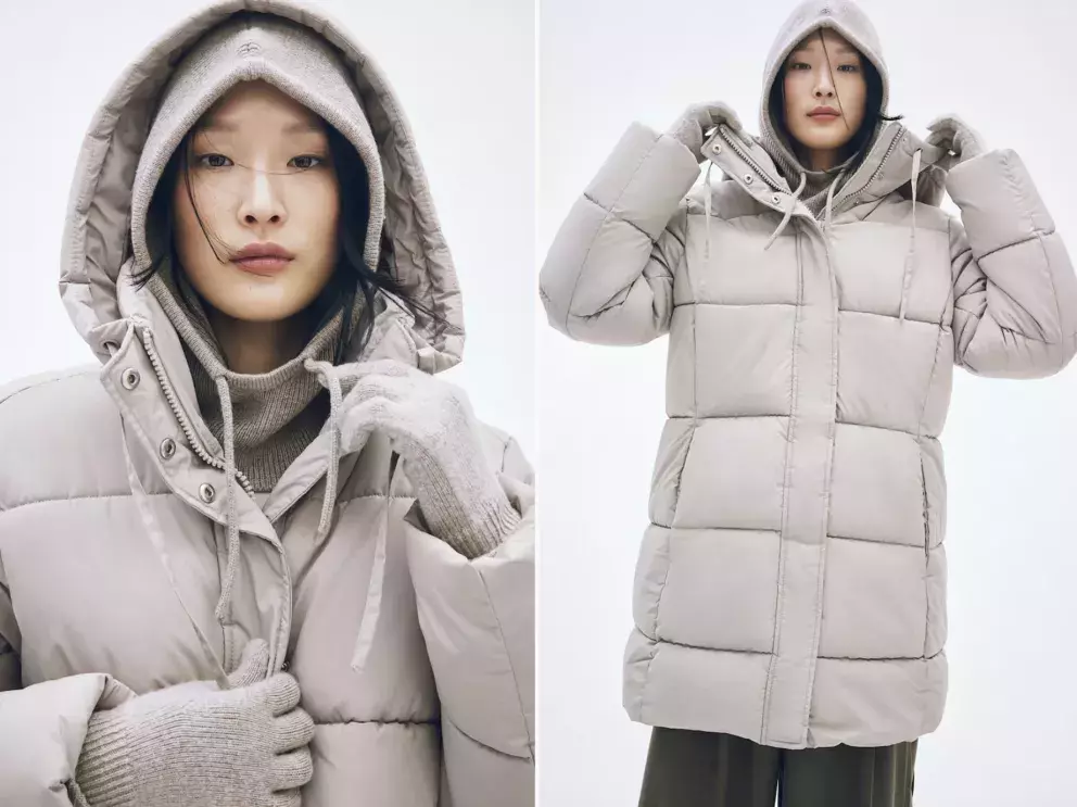 žena v prošívaném béžovém kabátě