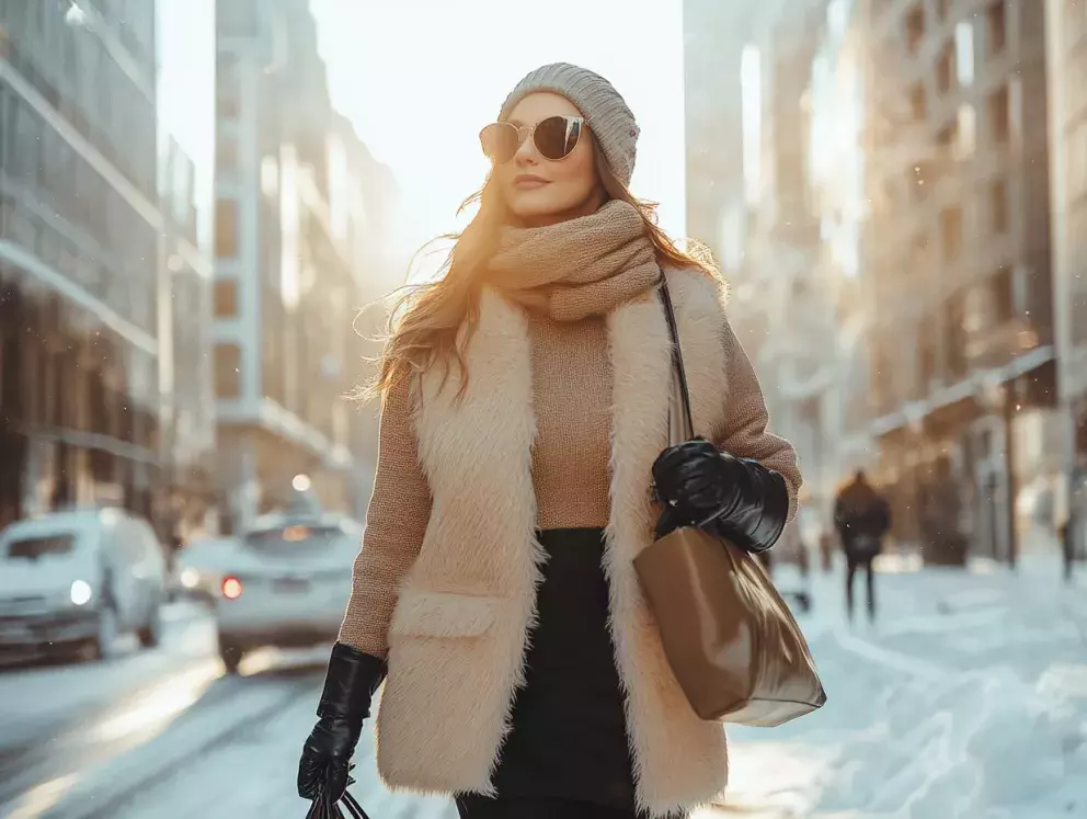 žena v zimní chlupaté vestě