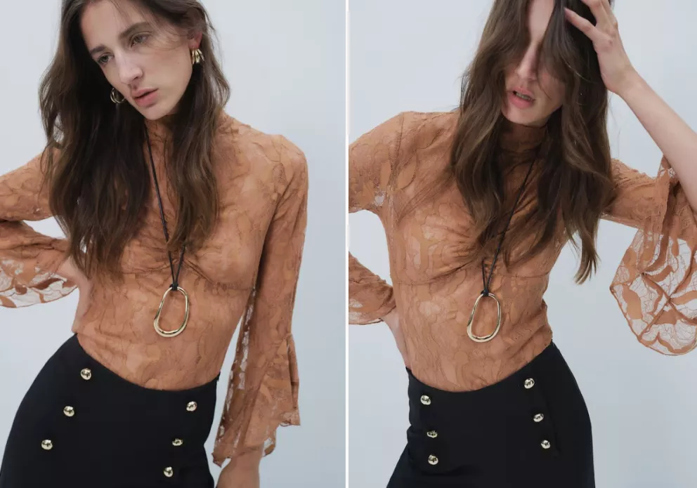 Krajkový top s vysokým límcem, H&M, 959 Kč