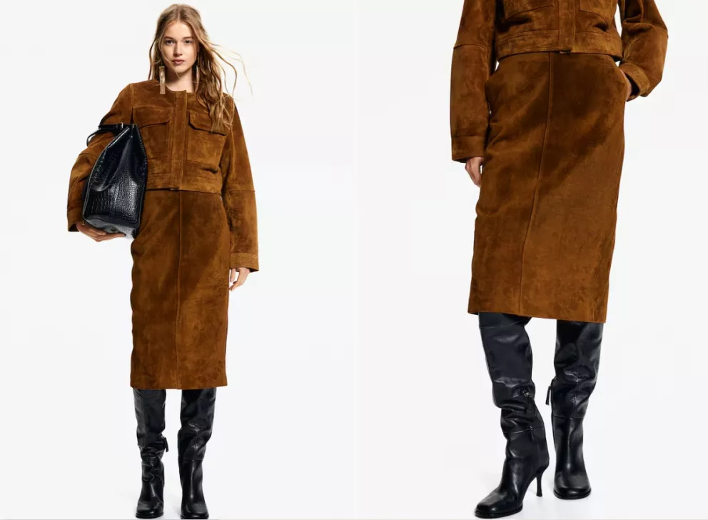 Semišová pouzdrová sukně, H&M, 4 299 Kč