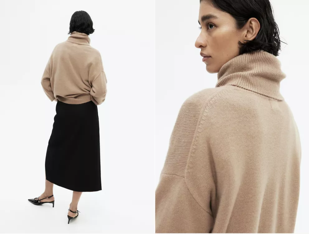 Svetr z kašmírové směsi s rolákem, béžová nebo černá, H&M, 3 999 Kč