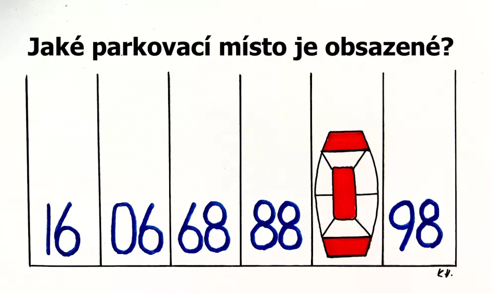 Jaké číslo má parkovací stání, kde je červené auto?