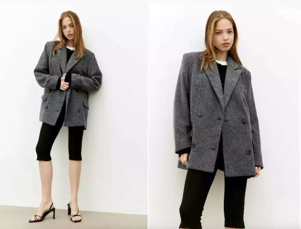 Dvouřadové sako, šedá, vzor rybí kost, H&M, 1 199 Kč