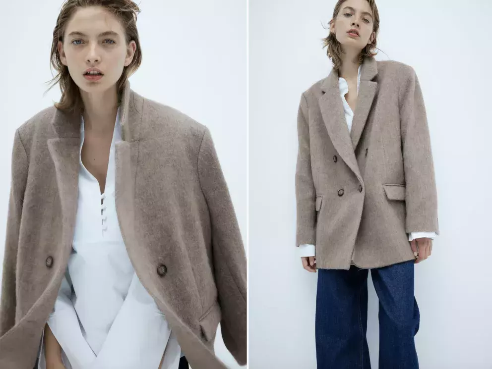 Sako z vlněné směsi, béžová a tmavě šedý malír, H&M, 1 199 Kč