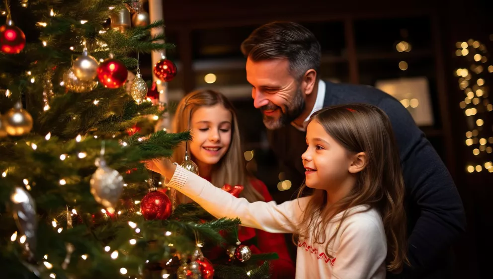 rodina zdobí vánoční stromeček