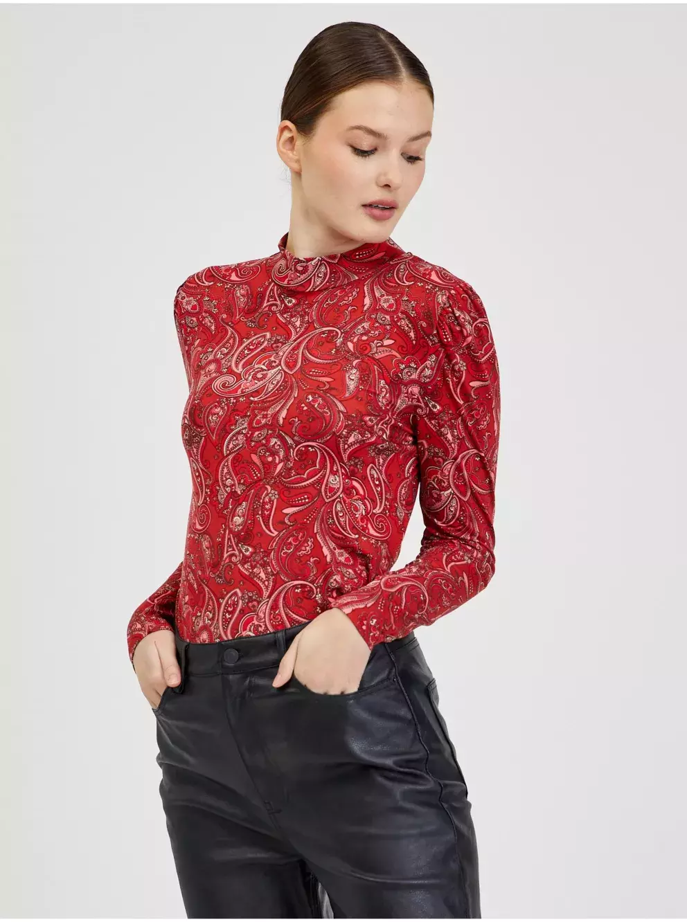 Červené dámské vzorované tričko s dlouhým rukávem 