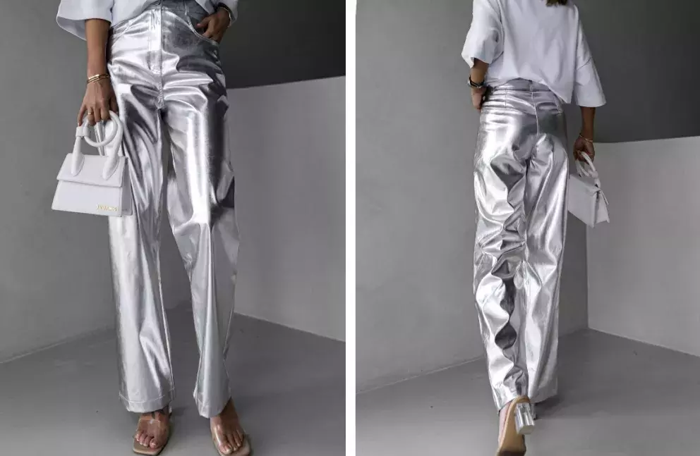 Stříbrné široké metalické kalhoty