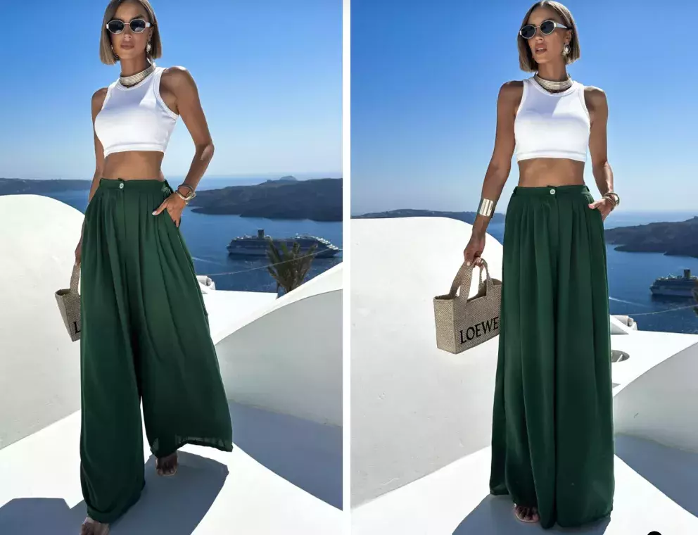 Smaragdové široké extra wide leg kalhoty