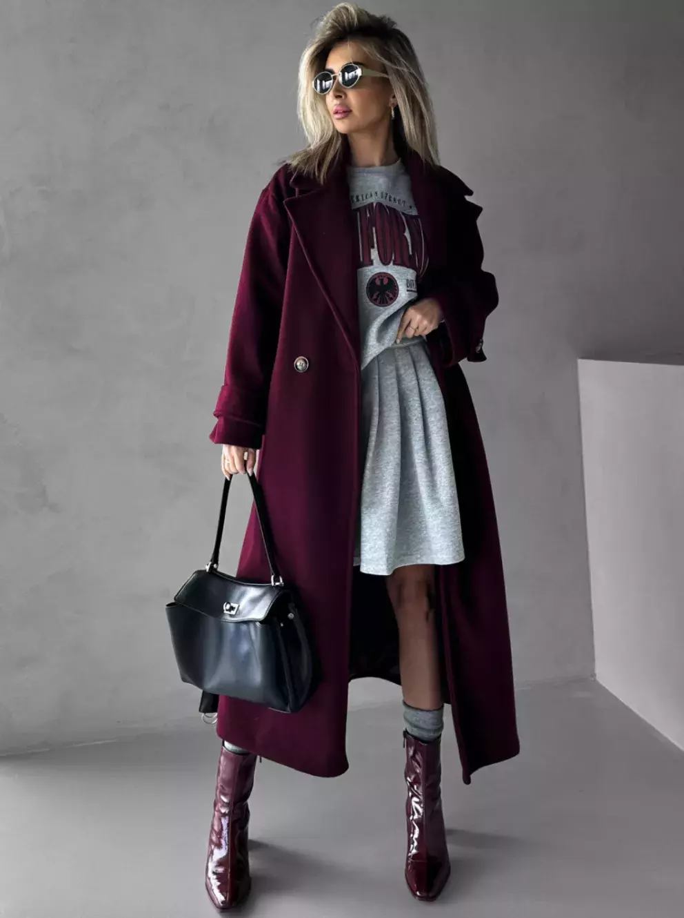 Vínový dlouhý flaušový elegantní kabát 