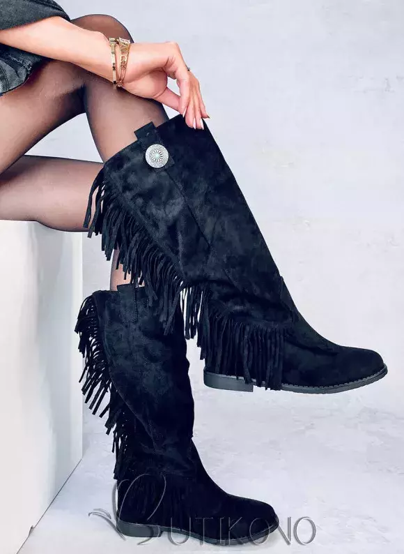 boho kozačky s třásněmi černé