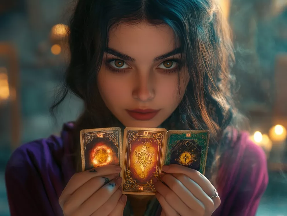 žena se třemi tarotovými kartami