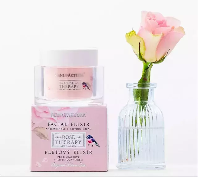 <p>Pleťový elixír – protivráskový & liftingový krém Růže & Vřídelní sůl, Manufaktura, 495 Kč</p>
