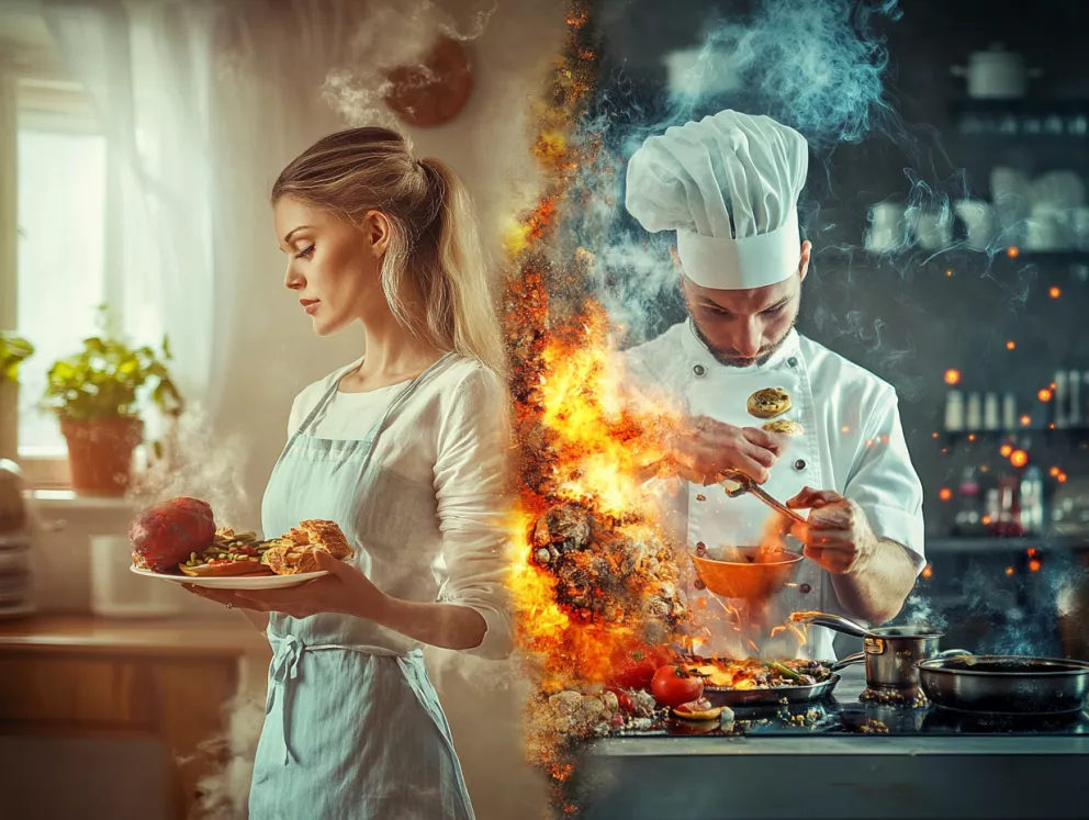žena vaří doma, kuchař v restauraci