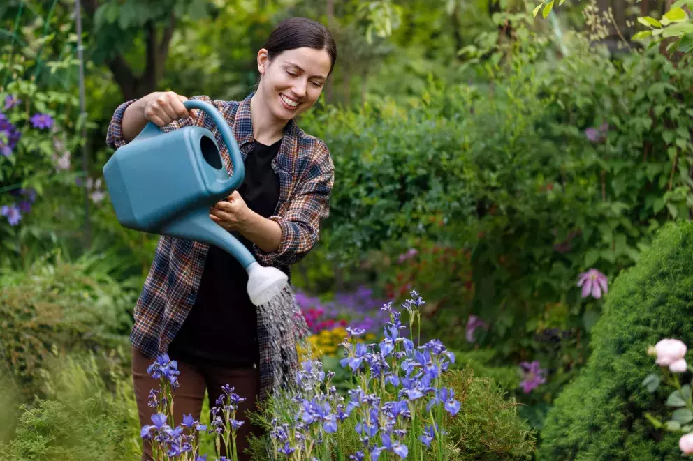 žena zalévá zahradu