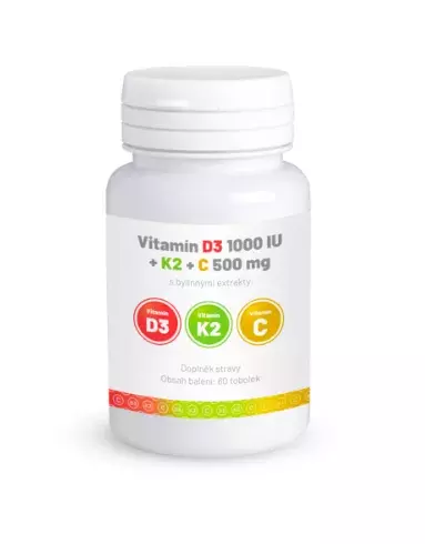 <p>Vitamín D3 1000 IU + K2 + C 500 mg, 60 tbl., 340 Kč</p>
