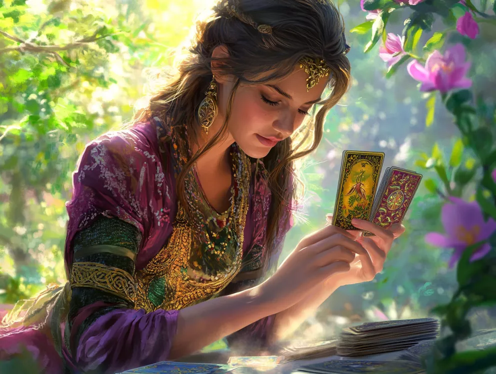 kartářka s tarotovými kartami na jaře