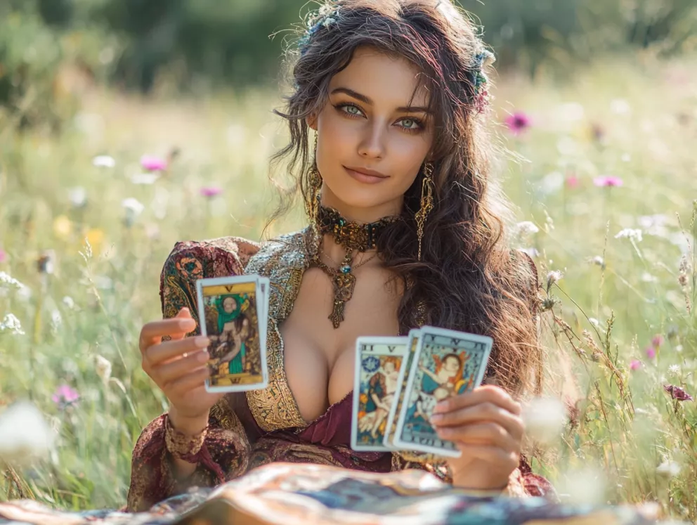 žena s tarotovými kartami na rozkvetlé louce 