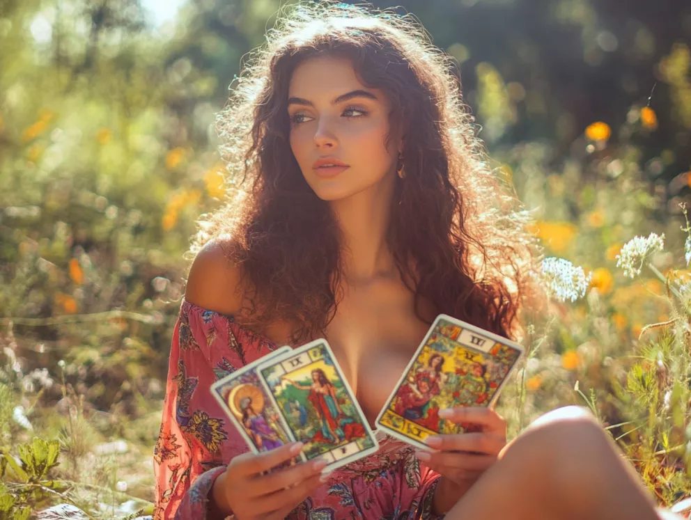 žena s kartami sedící na louce