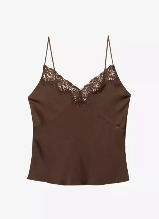 Hnědý top s krajkou, Stradivarius, 449 Kč