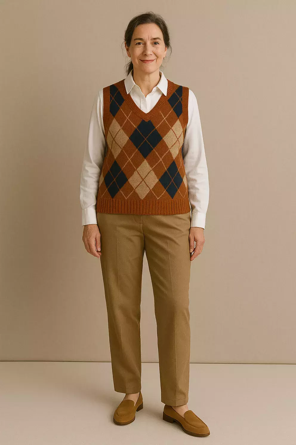 <p>Teplé barvy, s nádechem podzimu, jsou ideální do chladných dní. V kombinaci s béžovými kalhotami a bílou košilí je to nestárnoucí klasika. Pletená vesta je pohodlným a hřejivým kouskem, po kterém jistě ráda sáhnete. Je ideální pro každou věkovou kategorii. </p>
