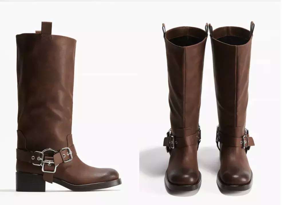 <p>Hnědé motorkářské kozačky ke kolenům, H&M, 1899 Kč</p>
