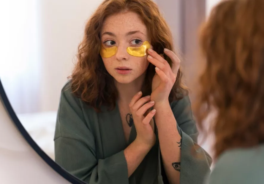 žena s gelovými polštářky na oči