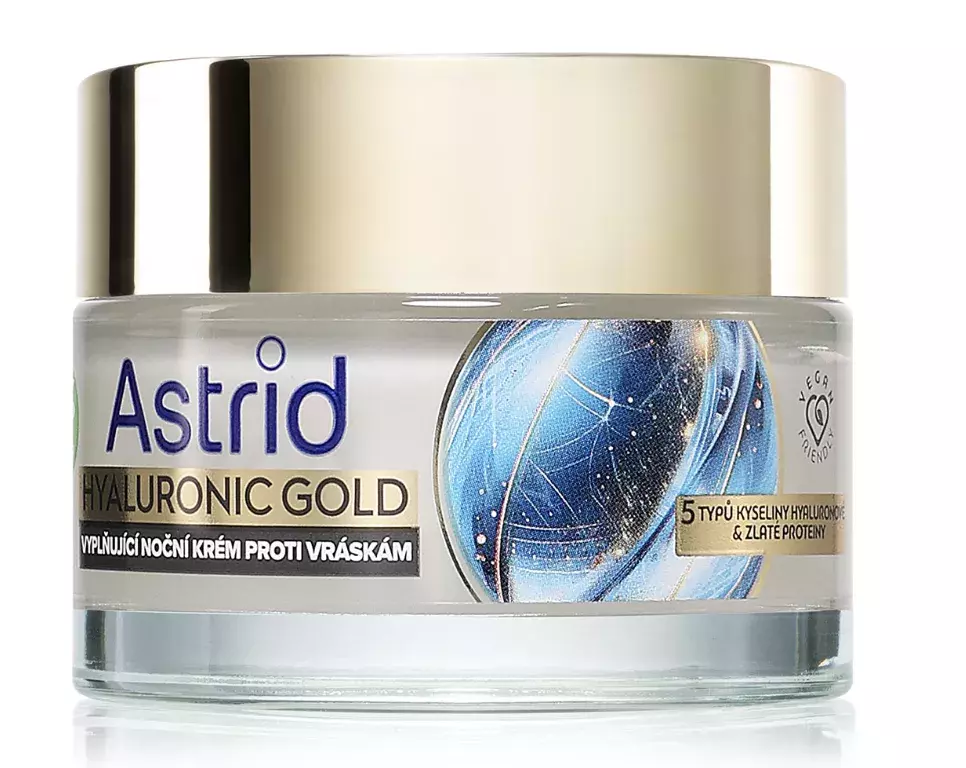 <p>Noční zpevňující krém Hyaluronic Gold, Astrid (299 Kč)</p>

<p>Podpoří přirozené kožní funkce, pomůže udržet pleť hydratovanou a v rovnováze a přispěje k celkově zdravějšímu vzhledu.</p>
