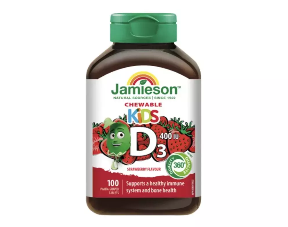 Vitamín D3 Kids 400 IU tablety na cucání s příchutí jahody pro děti, Jamieson, 174 Kč