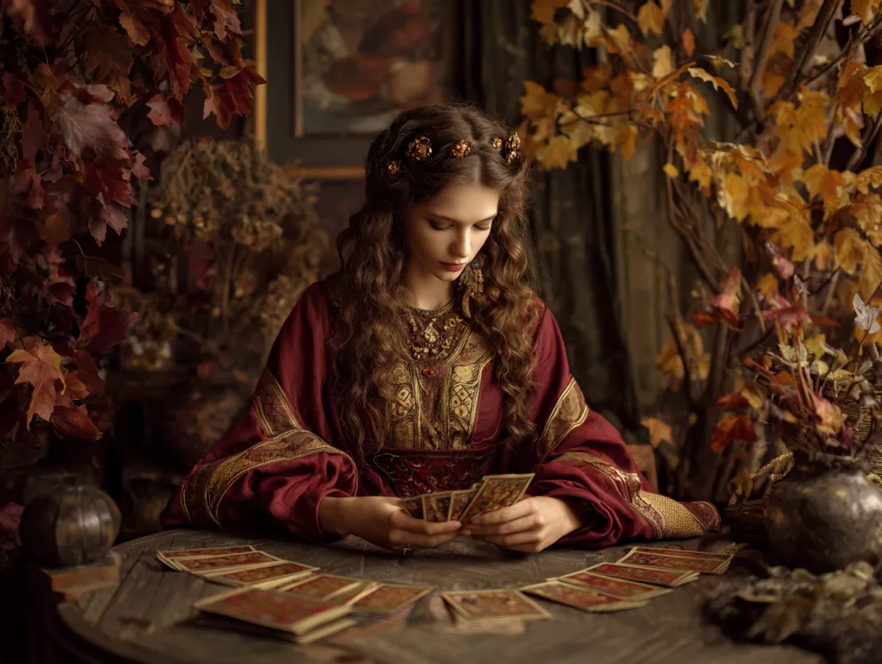 žena s tarotovými kartami v podzimní scenerii