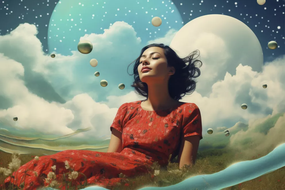 šťastná žena s vesmírem v pozadí