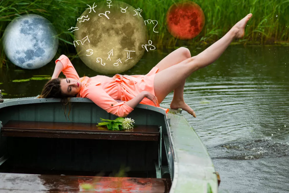 žena ležící u vody a symbol zodiacu